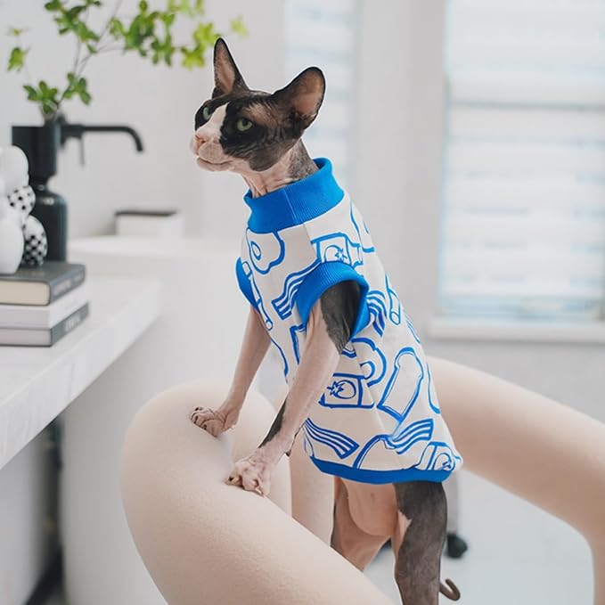 Sphynx Hairless Cat Summer Cotton T-Shirts Cat Vest Pet Clothes, Round Collar Vest Kitten Shirts Sleeveless, Cats & Small Dogs Apparel (Breakfast, M (5.5-7 lbs))