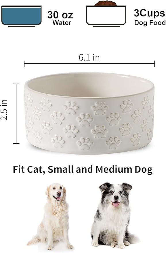 UBEE Ceramic Dog Bowl Set of 2, Dog Food Bowl Dish, Pet Food Water Dish Feeding for Small and Meidum Dogs and Large Cat, White, Paw Pattern, 6.1 in-Medium
