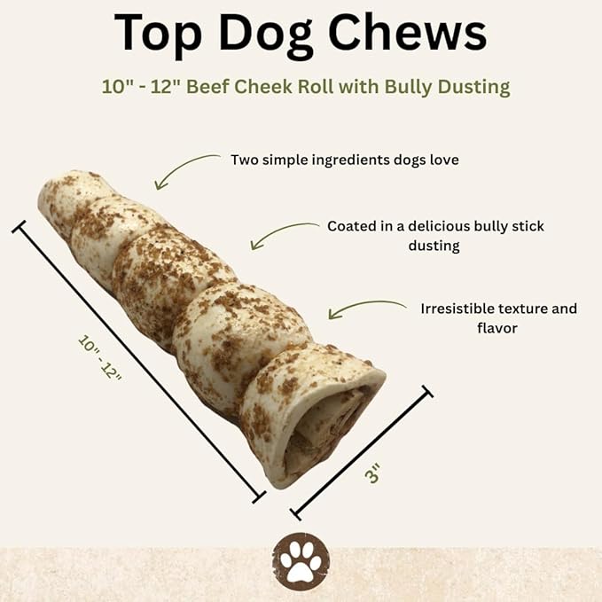Top Dog Chews – 10” – 12” Buffalo Beef Cheek Rolls with Bully Dust Sprinkles, 3 Pack, Long Lasting Dog Bones for Aggressive Chewers, Rawhide Free Dog Treats (10" 3 Pack, Roasted)