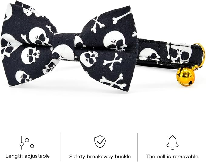 Cat Collar Bow Tie Set, Halloween Black Skulls and Crossbones