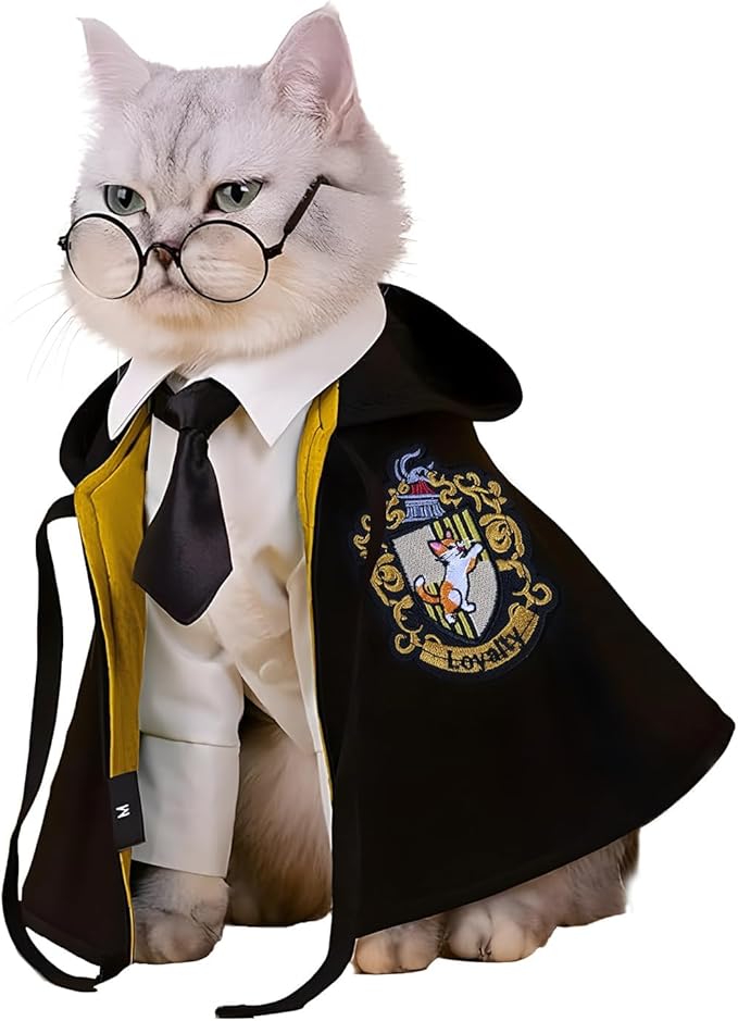 Cat Halloween Costume - Pet Wizard Costumes Mantle Magician Cosplay Clothes with Bowtie & Glasses Set, Festival Party Apparel for Small Pets Cats Dogs