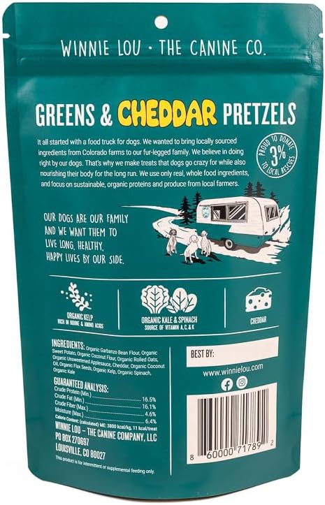 Winnie Lou Organic Dog Treats – Natural Dog Biscuits, USA Made, Organic Ingredients, Clean, Sensative Stomach, All Breed Sizes, High Protein, Hypoallergenic, Greens & Cheddar Pretzels (Pack of 1)