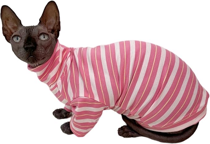 Vintage Stripes Sphynx Hairless Cats Shirt Cotton Cat Turtleneck Pet Clothes Kitten T-Shirts with Sleeves for Sphynx Cats (Sakura, Small)