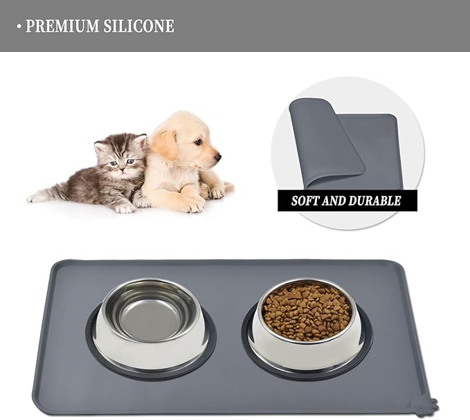 Waterproof Pet Feeding Mat with High Raised Edges, Heavier and Thicker Placemats for Cat Dog Water Bowl with BPA Free, Dogs Cats Food Mats for Messy Drinkers to Prevent Spill and Protect Floors