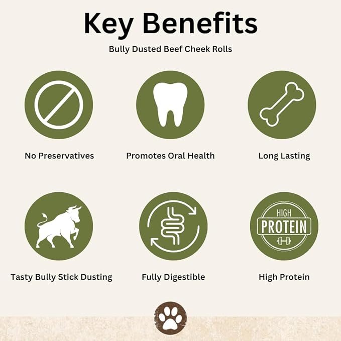 Top Dog Chews – 10” – 12” Buffalo Beef Cheek Rolls with Bully Dust Sprinkles, 3 Pack, Long Lasting Dog Bones for Aggressive Chewers, Rawhide Free Dog Treats (10" 3 Pack, Roasted)