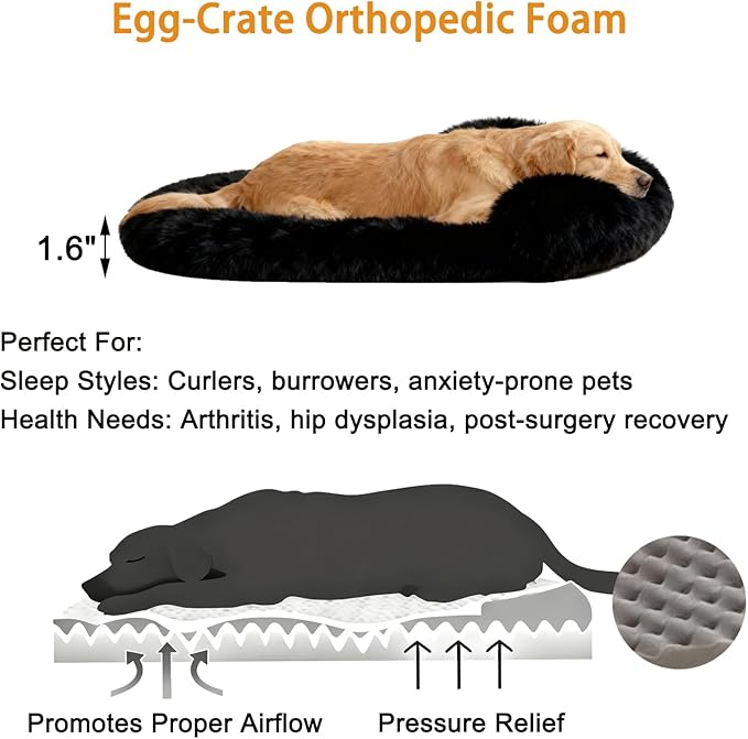 Calming Dog Beds for Medium Large Dogs, Orthopedic Cushion Plush Dogs Lounge Couch Sofa with Washable Removable Cover, Anti-Anxiety Soft Faux Fur Fits up to 40 lbs Pets (Oval, Black 32"x24")