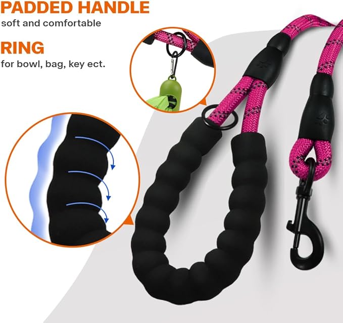 Taglory Rope Dog Leash 6 FT with Comfortable Padded Handle, Highly Reflective Threads Leash and Anti-Tangle Clip for Walking Small Dogs, 3/8 inch, Hotpink