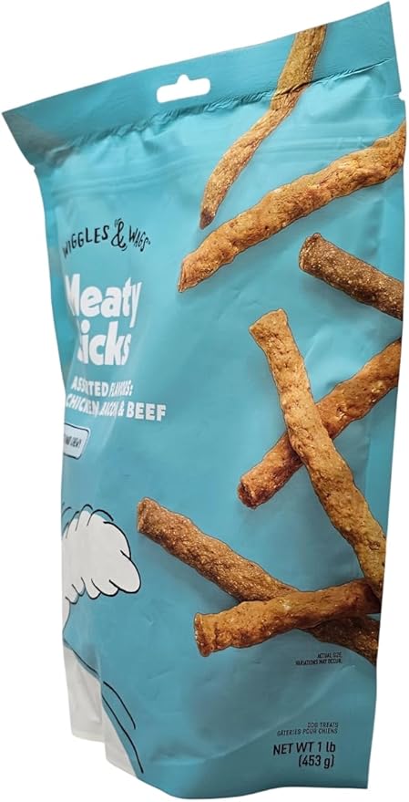 Wiggles & Wags Meaty Sticks Assorted Chicken, Bacon and Beef Flavor Dog Treats, 1 Pound Bag