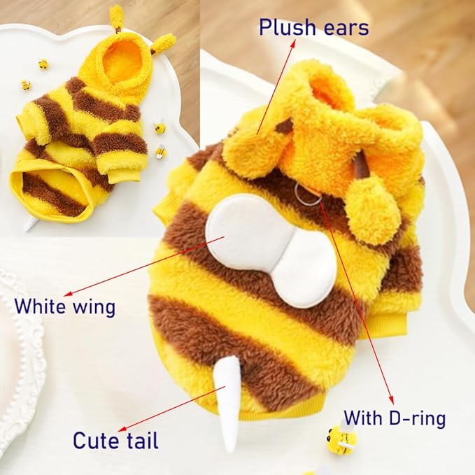 ANIAC Fleece Dog Hoodies with D-Ring Autumn Winter Puppy Clothes for Small Dogs Bumblebee Cat Apparel Cold Weather Coat Funny Dog Bee Costume for Christmas Halloween (Yellow, Small)