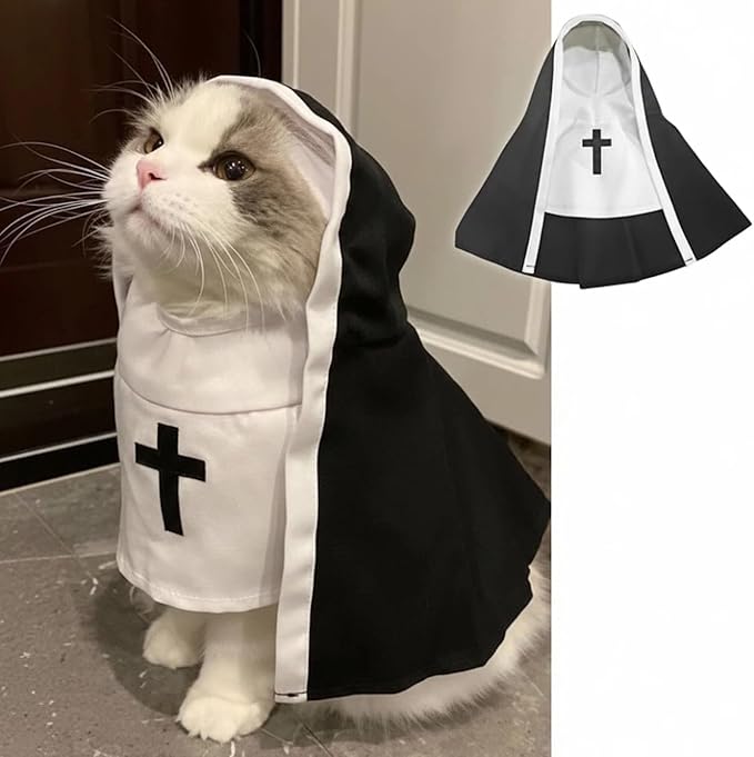 MANON ROSA Cat Costume Nun Dress- Funny Halloween Cloak Outfit for Small Medium Dogs, Cosplay Apparel for Photoshoots Parties Social Media, Adorable Pet Clothing (M(Rec wt.6-12lb))