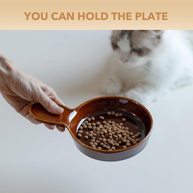 Havniva Ceramic Wide Whisker Friendly Cat Dishes, Set of 3 Ceramic Cat Bowls with Handle, Anti-Slip Indoor Kitten Feeding Food& Water Dish to Prevent Whisker Fatigue(3 Pcs, Caramel Brown)