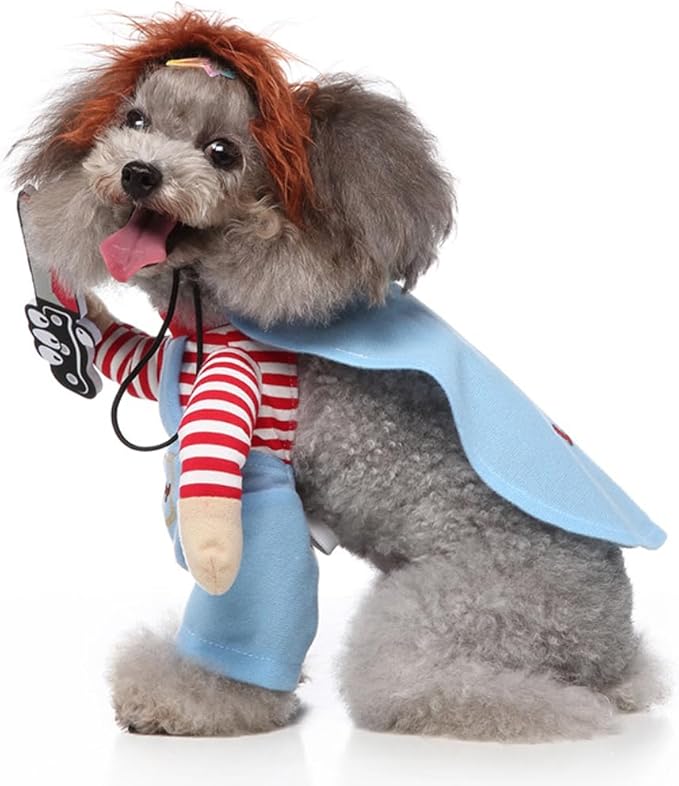 Puppy Deadly Doll Dog Costume, Pet Cosplay Clothes Halloween Christmas Funny Party Costume for Cats and Small Dogs (Large, Blue)