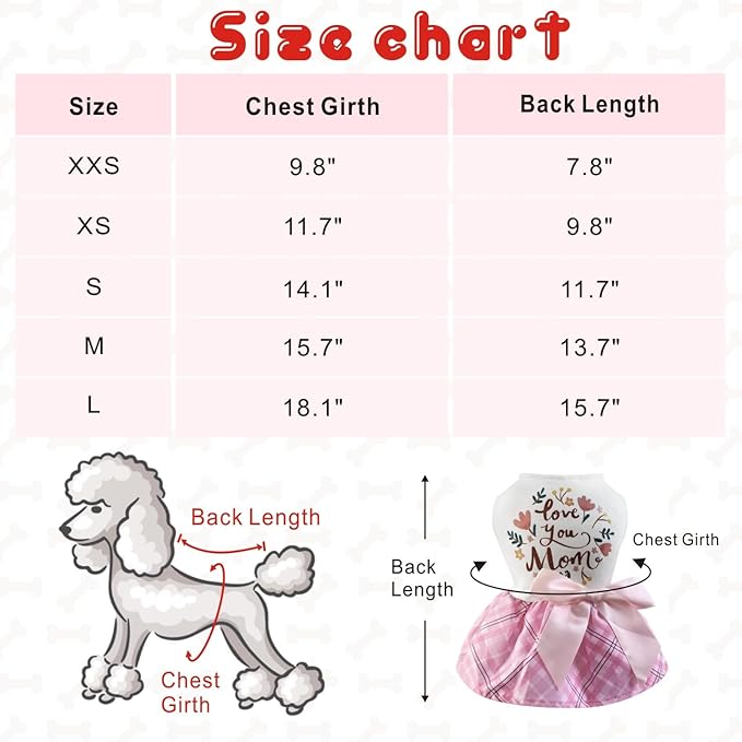 Idepet Dog Dress Love You Mom, Mother's Day Dog Dresses Puppy Skirt Pet Apparel Daisy Sleeveless Holiday Clothes for Small Dogs Girls and Cats, Pink Plaid, Small