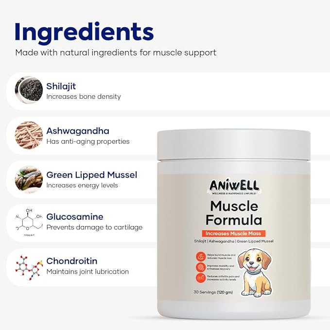 Muscle Formula for Dogs – Hip and Joint Supplement with Glucosamine for Dogs, Chondroitin & Green Lipped Mussel | Ashwagandha & Shilajit | Dog Joint Supplement for Small, Medium & Large Dogs