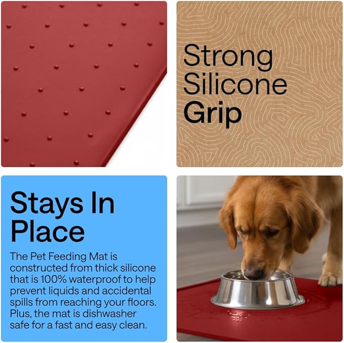 GORILLA GRIP 100% Waterproof Raised Edge BPA Free Silicone Pet Feeding Mat, Dog Cat Food Mats Contain Spills Protects Floors, Placemats for Cats and Dogs Water Bowl, Pets Accessories 23x15 Red