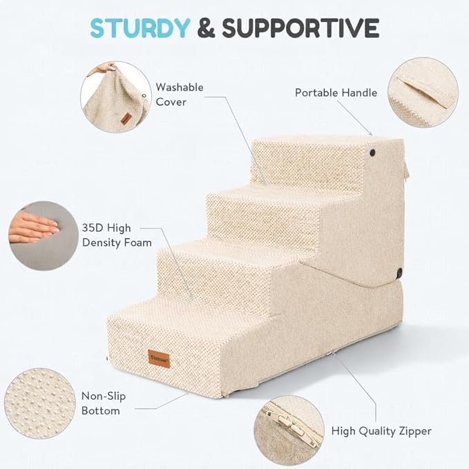 4-Step Dog Stair and Ramp for Small Dogs and Cats, Pet Steps for Bed with Non-Slip Bottom, Beige