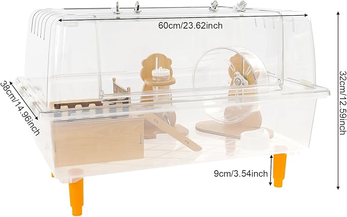 Hamster Cage Clear Luxurious Mice and Rat Habitat with Exercise Wheel, Dual Door Design, 3.54" H Leg Stand, Small Animal Cage for Hamsters, Guinea Pigs, Hedgehogs 23.6" Lx14.5 Wx12.6 H