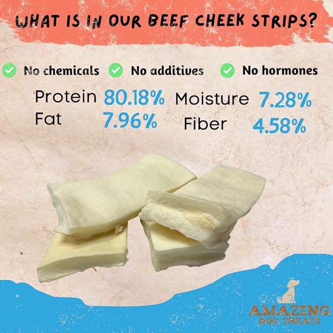 Amazing Dog Treats - Beef Cheek Strips Premium Dog Chew (10 Inch - 10 Pack) - NO Odor - Thick Cut - Rawhide Alternative - Beef Cheek Slice Chip Sticks - No Dyes, Chemicals, or Preservatives