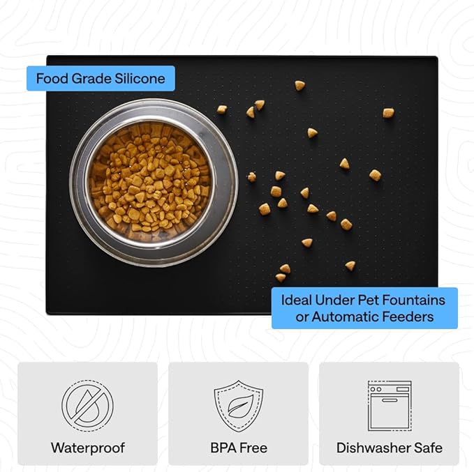 GORILLA GRIP 100% Waterproof Raised Edge BPA Free Silicone Pet Feeding Mat, Dog Cat Food Mats Contain Spills Protects Floors, Placemats for Cats and Dogs Water Bowl, Pets Accessories 16x10, Black