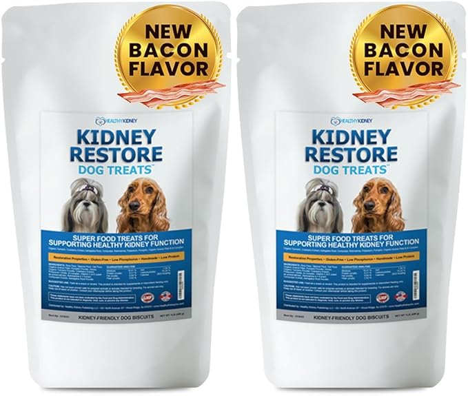 Kidney Restore Bacon Flavor Dog Treats: Low Protein Dog Treats for Kidney Function Renal Friendly Low Protein 2-Pack
