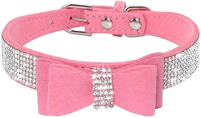 Cute Dazzling Sparkling Elegant Fancy Soft Suede Leather Bling Rhinestone Crystal Jeweled Pet Cat Dog Puppy Collar Dog Leash Combo Set (XS, Pink-1)