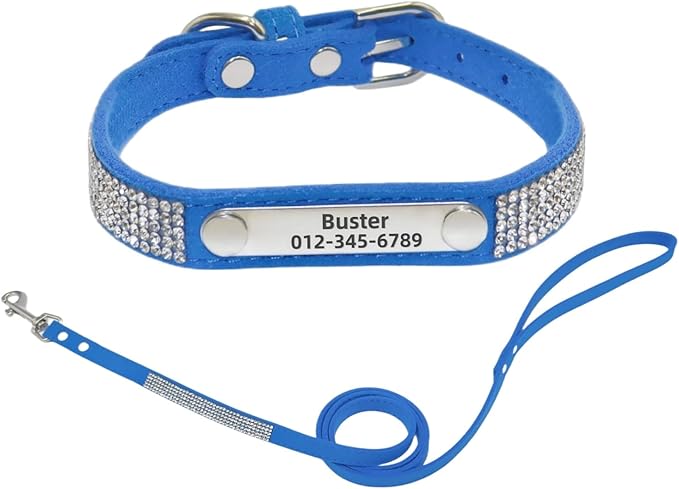 THAIN Rhinestones Personalized Dog Cat Collar and Leash Combo Set Bling Diamond with Engraved Stainless Steel Nameplate for Small Medium Large Dogs (Royal Blue Set, XS)