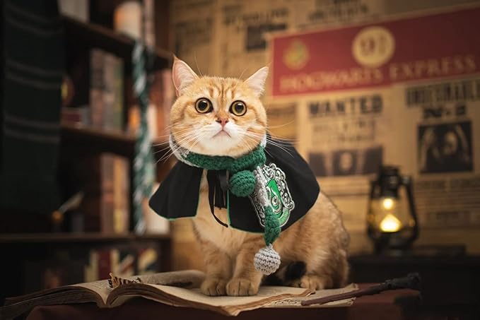 Cat Costumes Halloween 3 Piece Set with Glasses and Neckties, Cat Dog Cosplay Costume Set, Perfect for Party and Gifts for Cat Dog (Green&Black, Large)