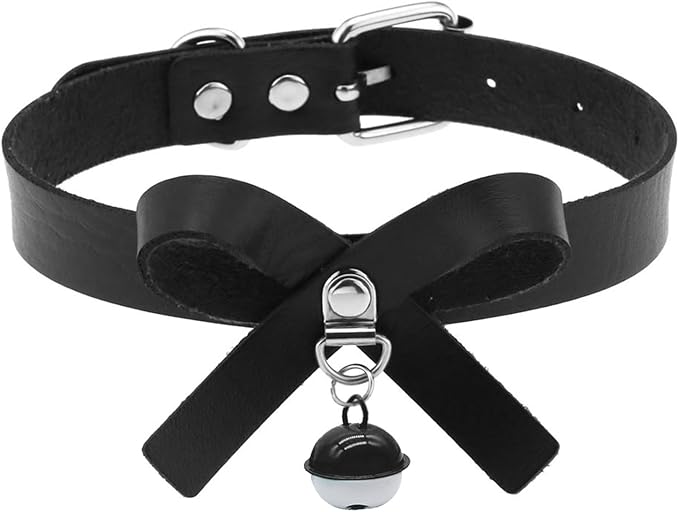 Black&White Bell Choker Collar and Leash Chain Set for Pet Dog Cute Cosplay Accessories,Butterfly Bow Leather Necklace with Buckle