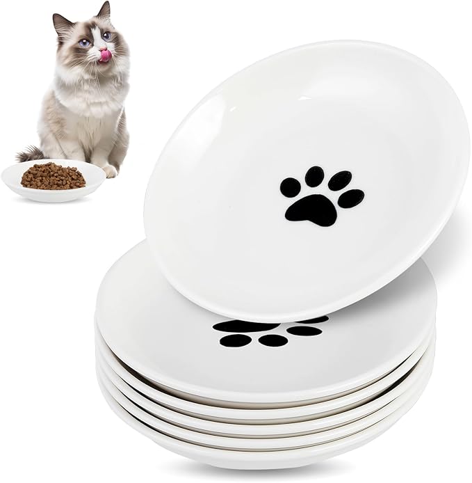 6 Pack Cat Food Bowl, Ceramic Cat Bowls, Anti Whisker Fatigue Cats Bowl Set,5.5 Inches Shallow Wide Kitten Plates for Food and Water (White-E)