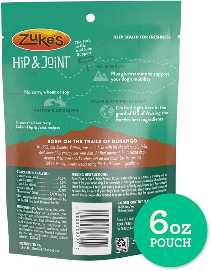 Zuke’s Hip and Joint Support Dog Treats for Adult Dogs, Senior Dog Treats Made with Real Peanut Butter and Oats, 6 oz. Resealable Pouch - 6 oz. Bag