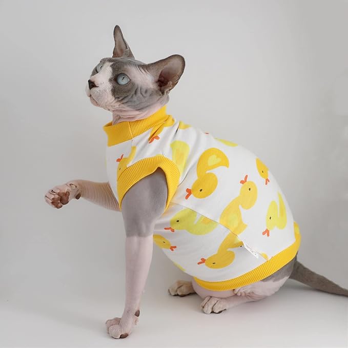 Sphynx Hairless Cat Summer Cotton T-Shirts Cat Vest Pet Clothes,Round Collar Vest Kitten Shirts Sleeveless, Cats & Small Dogs Apparel (X-Large, Yellow Ducks)