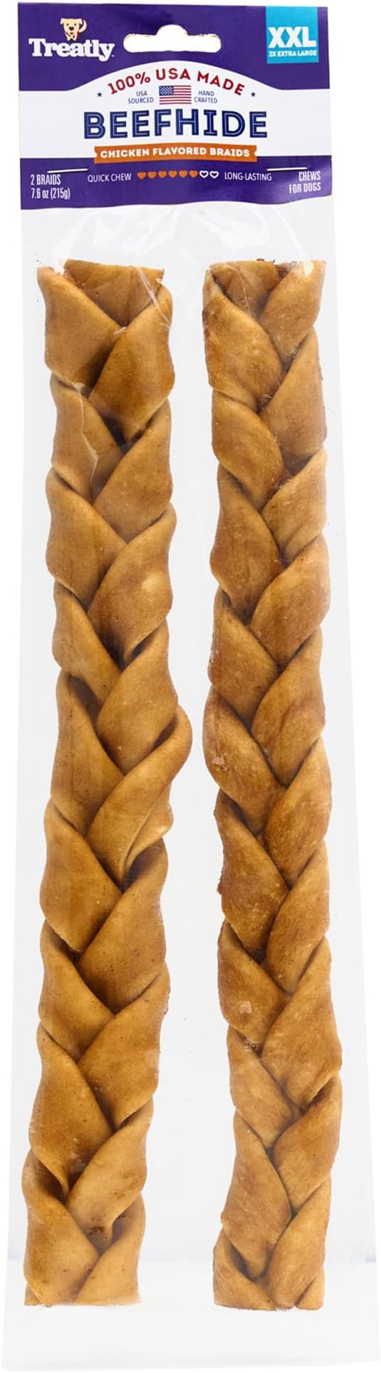 USA Beefhide Braids 12-13" Dog Chew Treats - Chicken Flavor, 2 Count/1 Pack