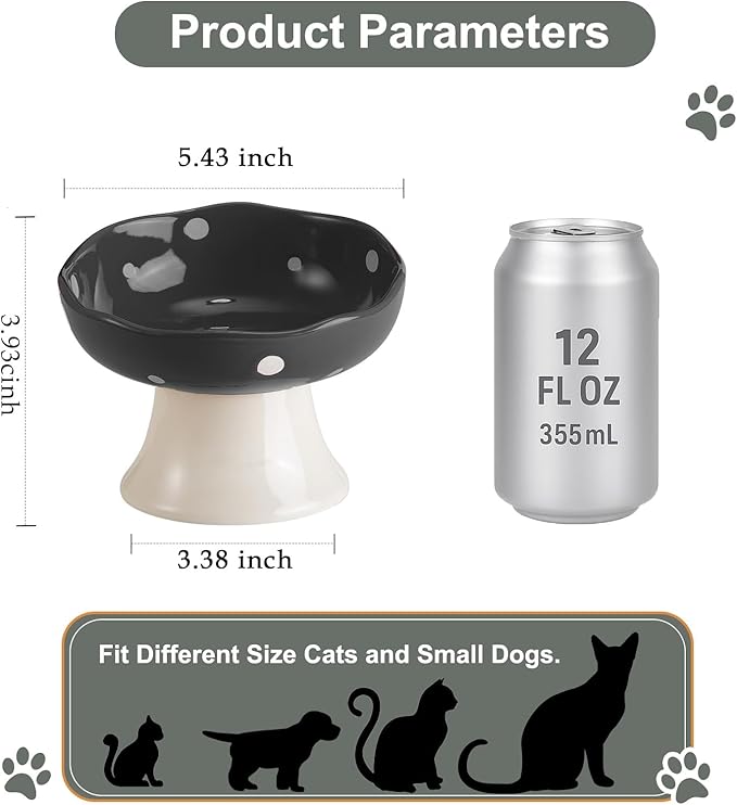 Ceramic Elevated Cat Bowls, Tilted Raised Pet Dish Anti Vomit Kitten Bowl for Indoor Cats, Whisker Friendly Pet Food and Water Bowl for Kitten, Cat, Puppies, Dishwasher Safe (Black)