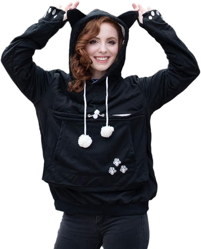 ALYC Unisex Hoodies Pet Holder Cat Dog Large Pouch Carriers Pullover with Cat Printing Sweatshirt (Black-Classic Version, XXL)