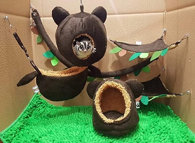 6 Pieces Cute KPS Jungle Bear Style Sugar Glider Hamster Squirrel Chinchillas Small Pet Cage Set Forest Bear Pattern Dark Brown Color Get Free 1 Small Pet Treats (Dry Fish Stick)