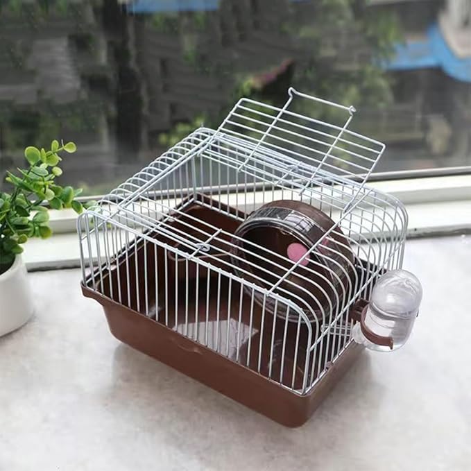 Small Pet Hamster Cage with Running Wheel Water Bottle Food Basin Portable Carrier House Mice Home Habitat for Going Out, Traveling (Coffee)