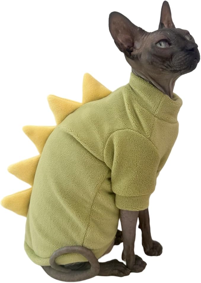 Dinosaur Sphynx Cat Clothes, Soft Polar Fleece Sweater for Cat, Elastic Pet Clothes Thick Winter Warm Outfit for Hairless Cat, Devon, Cornish, Small Dogs Apparel with Sleeves (Green, XX-Large)