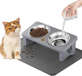 Elevated Cat Bowls with Silicone Mat, 15° Tilted Solid Wood Stand, Raised Stainless Steel Food & Water Dishes for Cats and Small Dogs, Anti-Vomiting Design(Slate Grey)