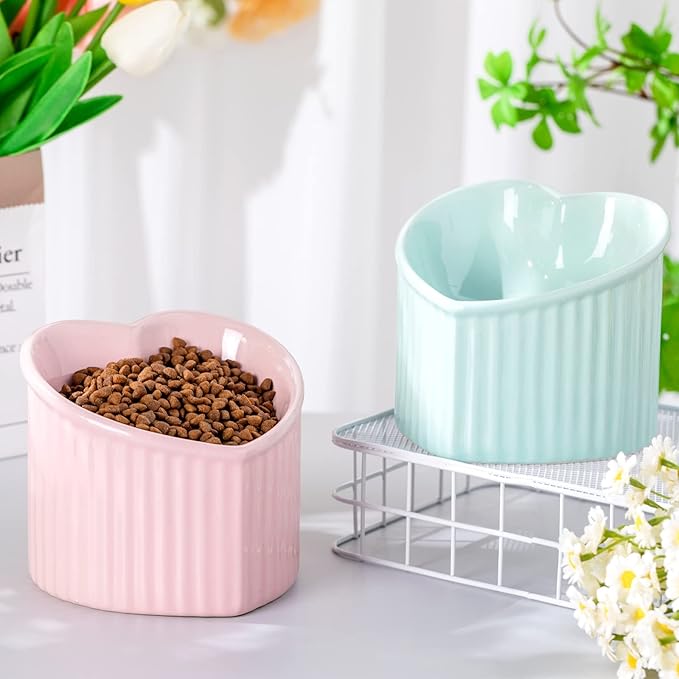 Mumufy 2 Pcs Ceramic Elevated Cat Bowls Tilted Elevated Raised Pet Bowls Anti Vomit Cat Dish for Indoor Stress Free Water Dish Feeder for Puppies, Heart Shaped(Macaron Blue, Pink)