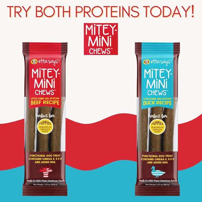 Etta Says! Mitey Mini Chews Dog Treats - Made in the USA - Grain-Free and Odor-Free - All-Natural Dog Chews - Perfect for Puppies and Senior Dogs - With Omega 3, 6, and 9 - Variety - 6 pack - 18 count