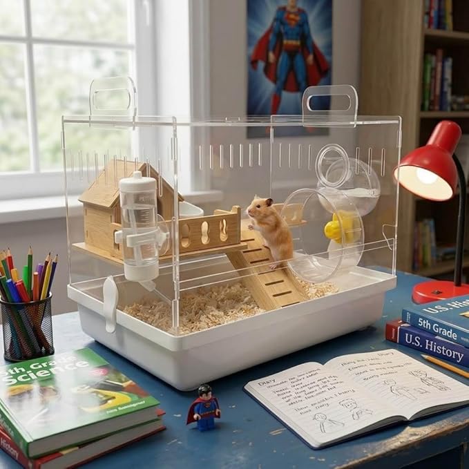 Clear Acrylic Hamster Cage Habitat, 2-Tier Small Animal Mouse Habitat with Wheel, Hideout & Accessories, Transparent Cage Hamster Starter Home for Dwarf Hamsters, Gerbils & Mice Enclosure