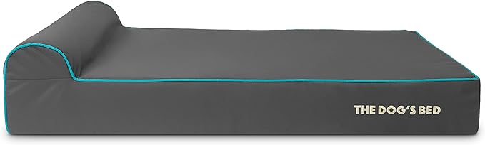 The Dog’s Bed Orthopedic Memory Foam Dog Bed with Headrest, Calming Surface – CertiPUR-Certified Foam, Oxford Fabric, Grey with Blue Trim, XL, 6-Inch