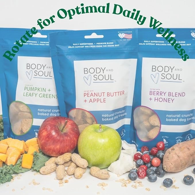 Body and Soul Superfood Crunchy Premium Health Training Dog Treat Variety 3Pk, Peanut Butter Apple, Pumpkin Leafy Green, Berry Blend Honey Clean Plant Protein Biscuit Oven Baked Ancient Grain Made USA