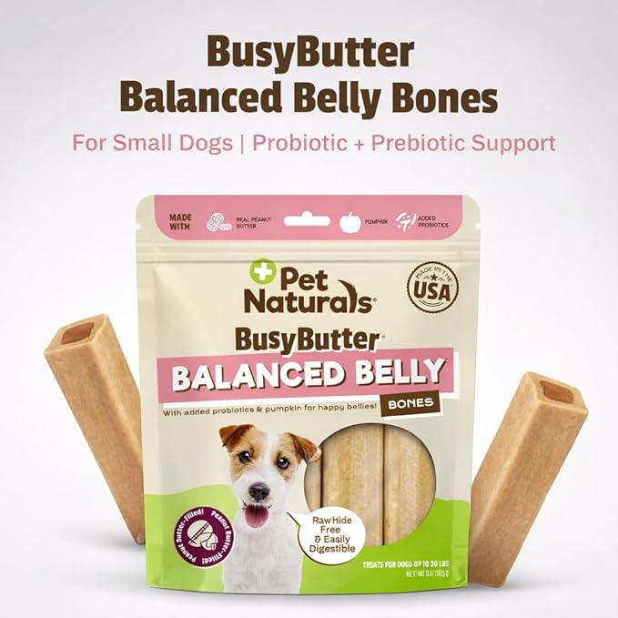 Pet Naturals BusyButter Balanced Belly Bones for Small Dogs – 22 Count, Rawhide-Free Long Lasting Chews with Probiotics, Prebiotics & Pumpkin for Dog Digestive & Gut Health Support, Peanut Butter