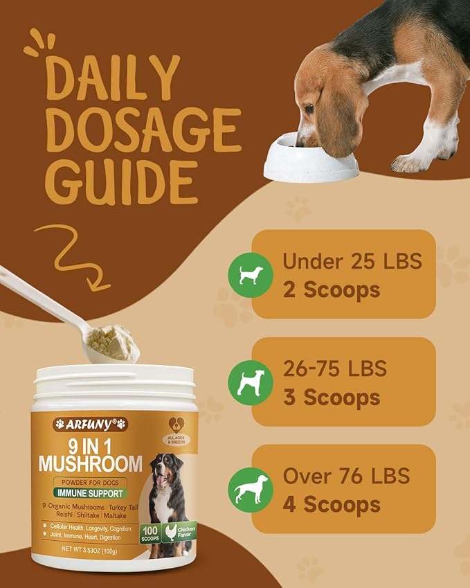 Mushroom for Dogs - Turkey Tail for Dogs - 9 Organic Mushroom Supplement with Turkey Tail, Reishi, Lions Mane - Hip & Joint, Skin & Coat, Digestive, Cellular, Immune Health Support - Chicken Flavor