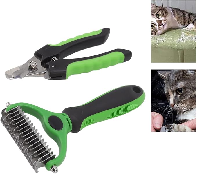 Undercoat Rake and Nail Clipper Grooming Kit, Double Sided Deshedding Brush for Dog Cat Rabbit, Ergonomic Handle, Stainless Steel Material, Safe Rounded Edges