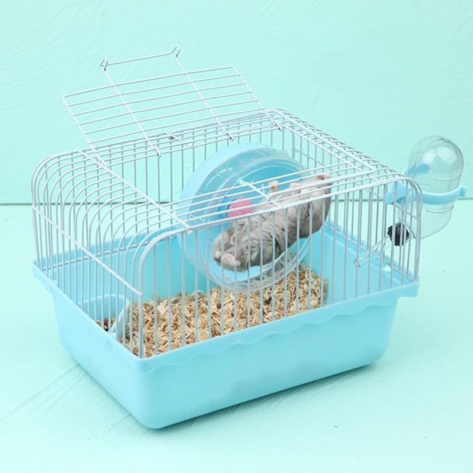 Small Pet Hamster Cage with Running Wheel Water Bottle Food Basin Portable Carrier House Mice Home Habitat for Going Out, Traveling (Blue)