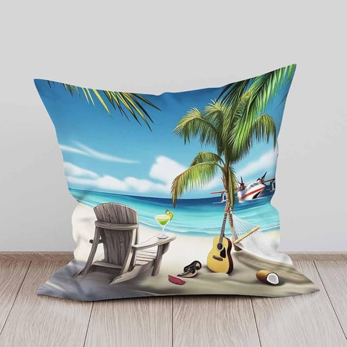 Throw Pillow Covers Green Palm Tree Relaxed Island Beach Holiday Blue Sky and Sea Sand Pillowcase Decor for Room Bed Chair,18X8 Inch Set of 2