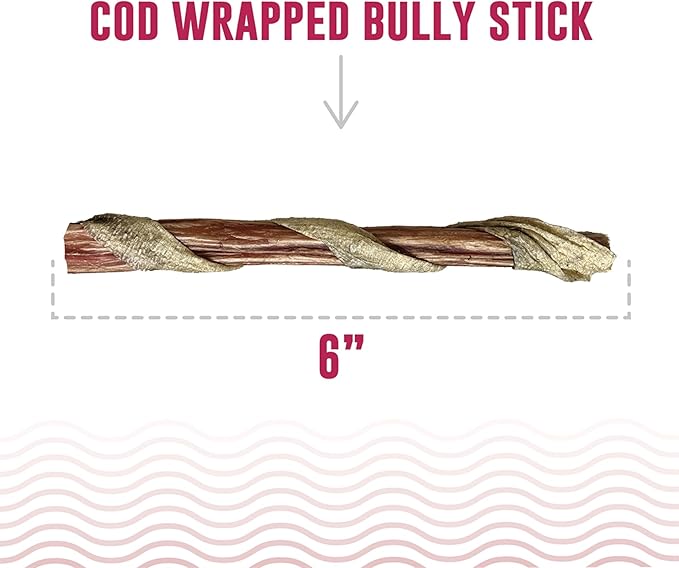 Icelandic+ Fish Sticks - Bully Stick Wrapped in Cod Skin - 5 Pack, 6" - Dog Treats, 2 Ingredient Chews, Hand-Wrapped Wild-Caught Fish, Pet Snacks