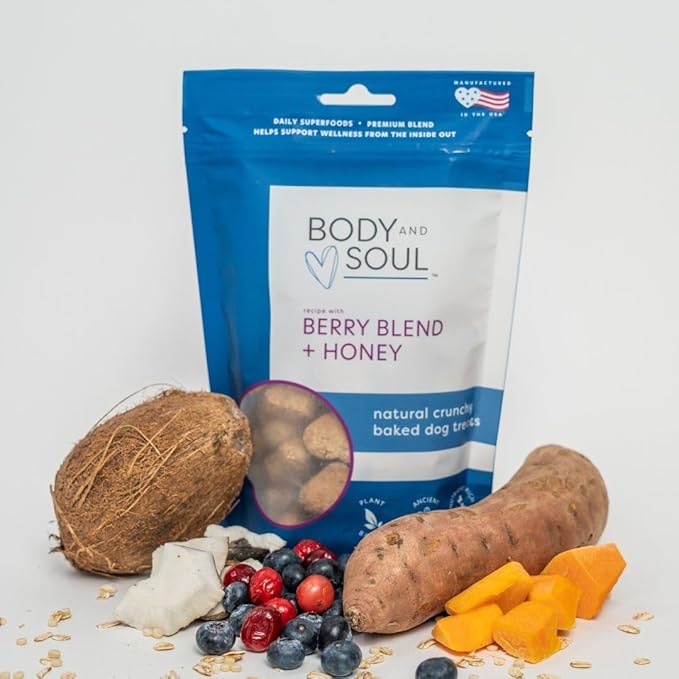Body and Soul Berry Blend + Honey Crunchy Premium Training Dog Treats Superfood Oven Baked Biscuits Oats Barley & Quinoa - Clean Natural Plant Protein, No Additives No Fillers Made in USA 2Pk (20oz)